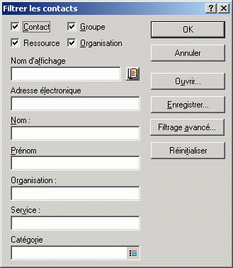 Bote de dialogue Filtrer les contacts