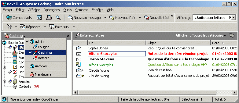 Vue Bote aux lettres avec Caching slectionn dans la liste droulante