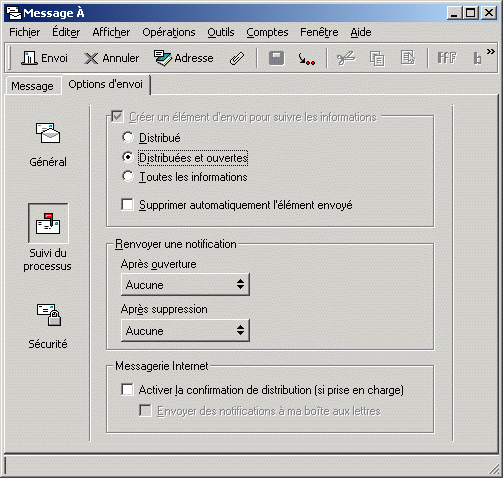Vue Message affichant les options de suivi de l'tat