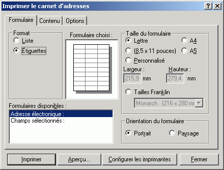 Bote de dialogue Imprimer le carnet d'adresses