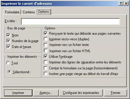 Bote de dialogue Imprimer le carnet d'adresses ouverte sur l'onglet Options