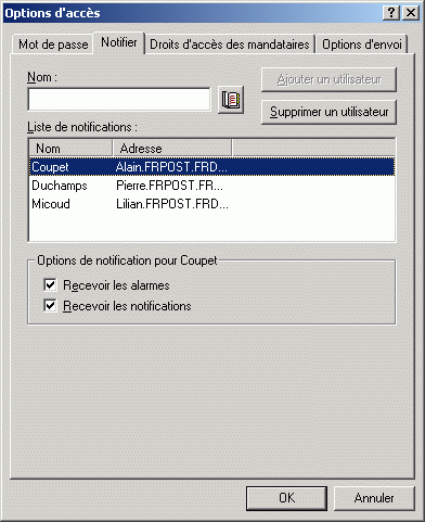 Bote de dialogue Options d'accs ouverte sur l'onglet Notify