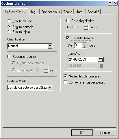 Bote de dialogue Options d'envoi