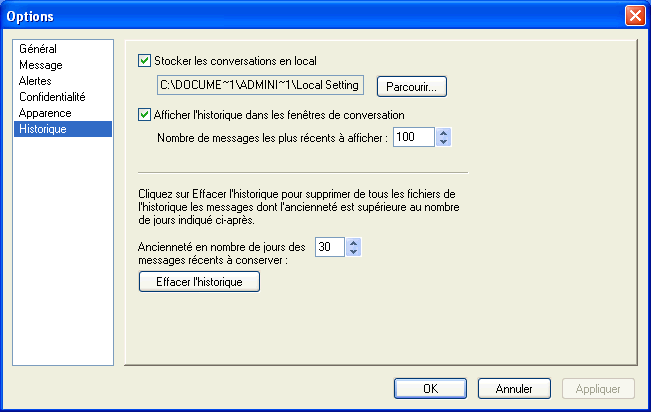 Boîte de dialogue Options affichant la page Historique