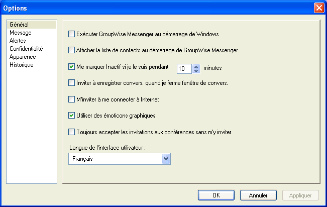 Boîte de dialogue Options affichant la page Général