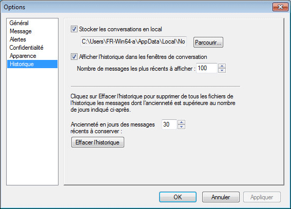 Boîte de dialogue d'options Historique