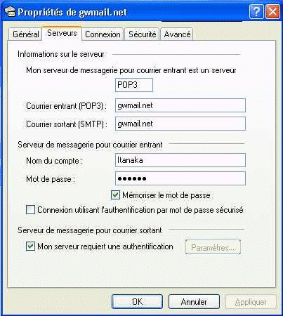 Page de proprits Serveurs pour les comptes de messagerie