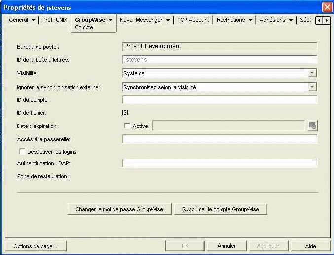 Page Proprits de l'utilisateur