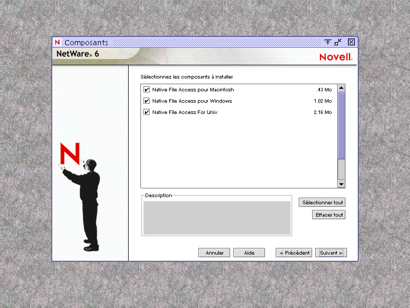 �cran de s�lection des protocoles Novell Native File Access