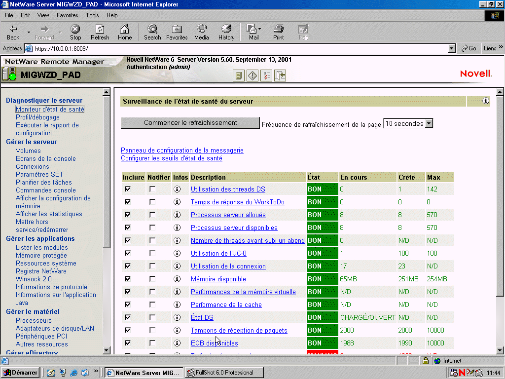 Surveillance de l'�tat de sant� des serveurs dans NetWare Remote Manager