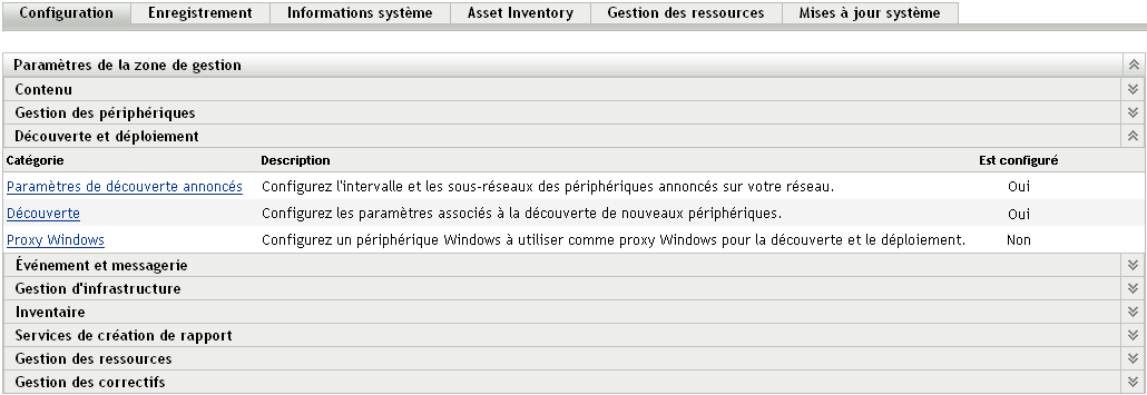 panneau Découverte et déploiement (onglet Configuration > panneau Paramètres de la zone de gestion)