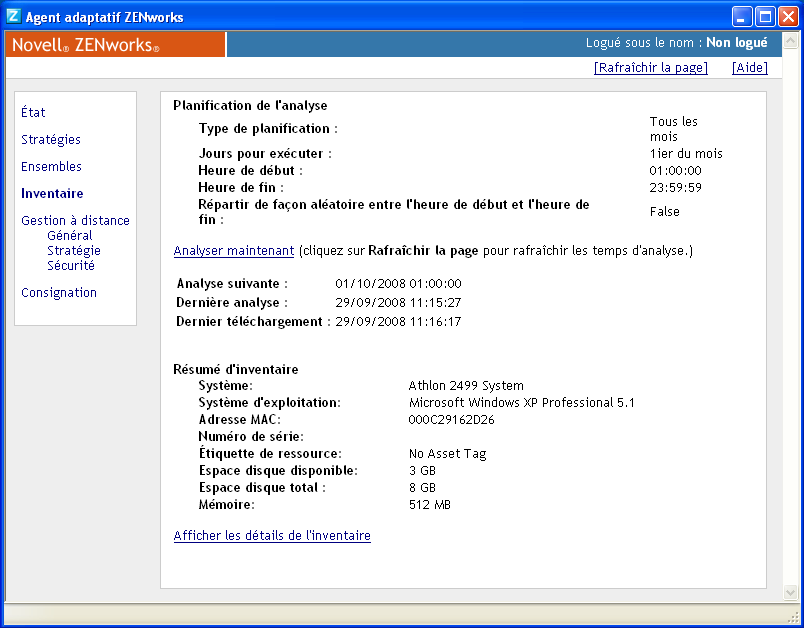 Page des propriétés de ZENworks Adaptive Agent > onglet Inventaire