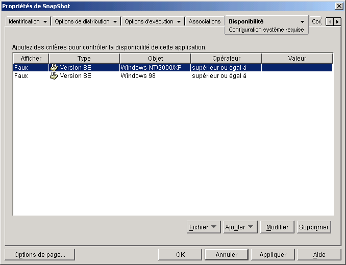 Page Configuration systme requise de l'objet Application