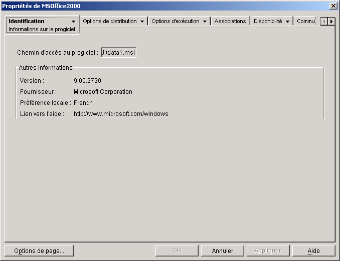 Objet Application > onglet Identification > page Informations sur le progiciel 