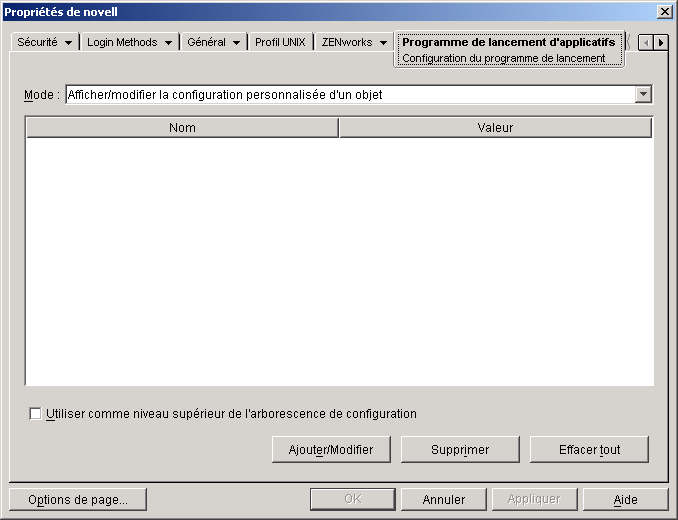Page Configuration du programme de lancement