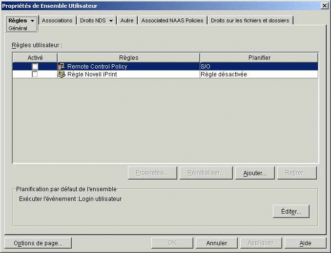 Page des rgles gnrales d'un objet Ensemble Utilisateur