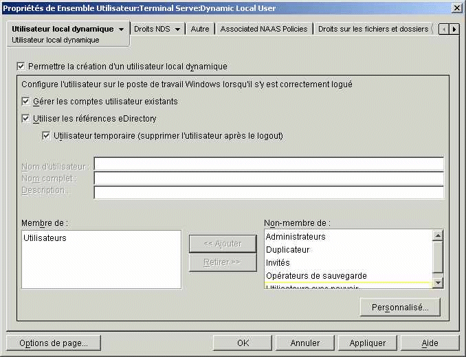 Page des proprits des utilisateurs locaux dynamiques