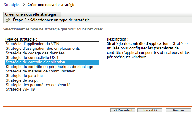 Page Sélectionner le type de stratégie de l'assistant de création de stratégies