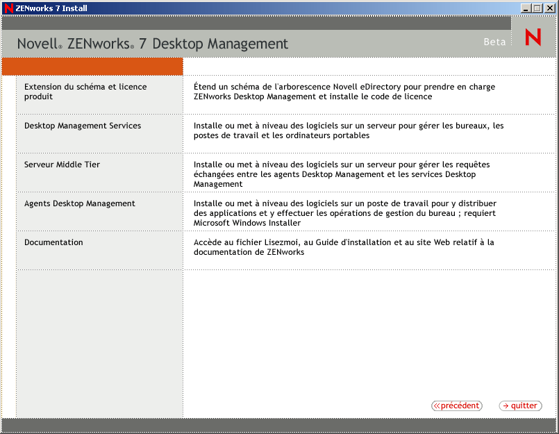 Menu du programme d'installation de ZENworks Desktop Management.