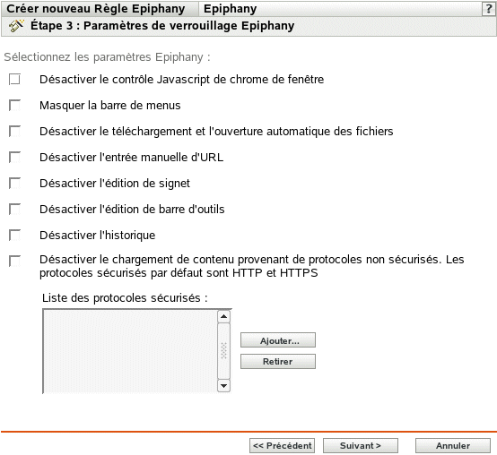 Page Paramètres de verrouillage Epiphany