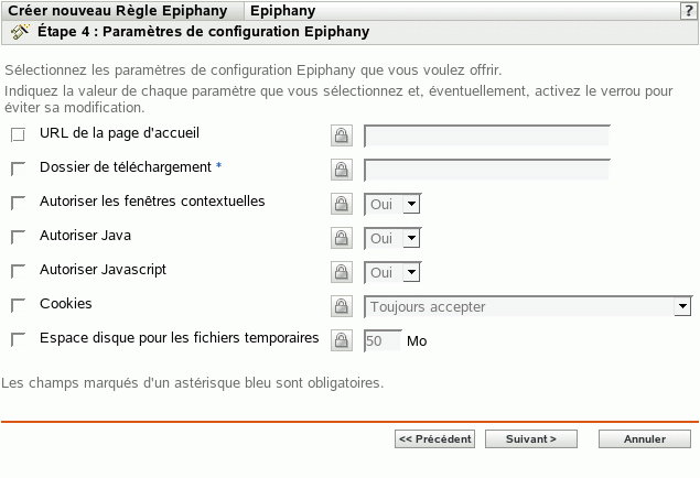 Page Paramètres de configuration Epiphany