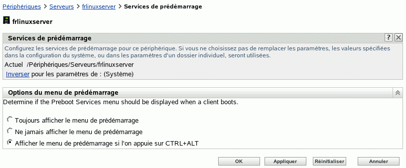 Page Paramètres des services de pré-lancement du dossier Servers