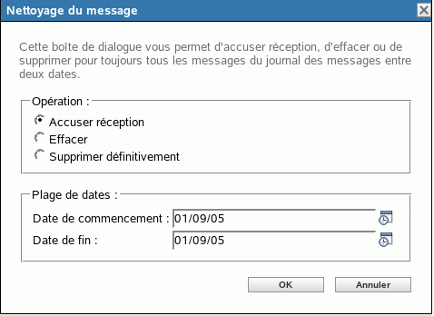 Fenêtre Nettoyage du message