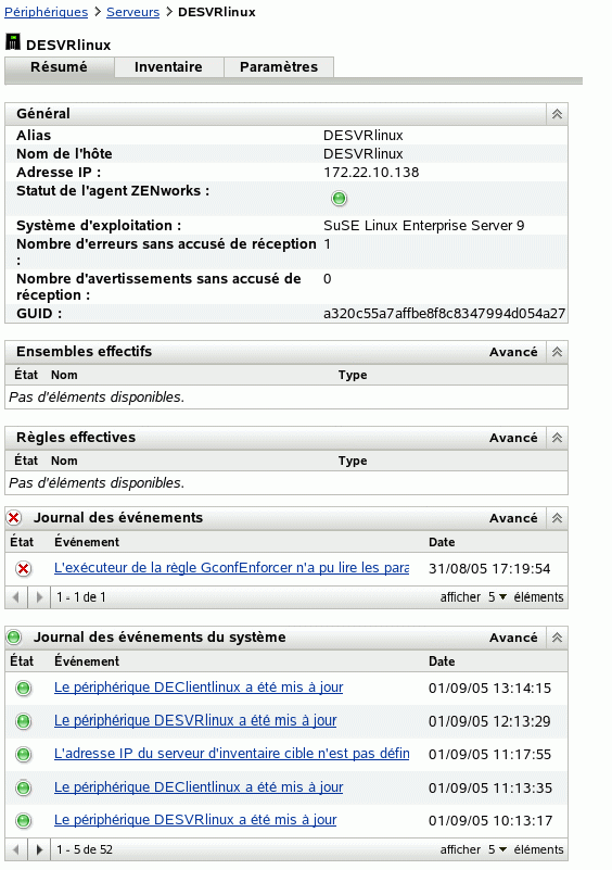 La page Résumé du serveur