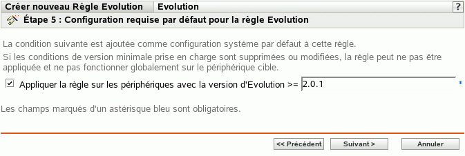 Page Configuration requise par défaut pour la stratégie Evolution