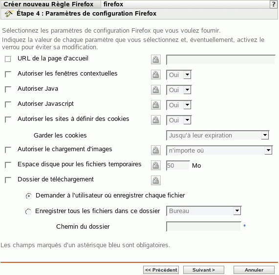 Page Paramètres de configuration Firefox