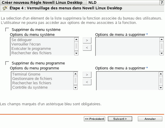 Page Verrouillage des menus dans Novell Linux Desktop