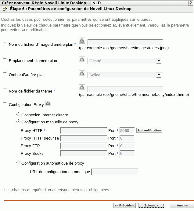 Page Paramètres de configuration de Novell Linux Desktop