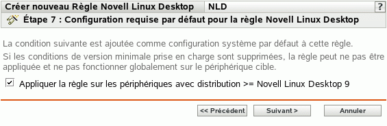 Page Configuration requise par défaut pour la stratégie Novell Linux Desktop