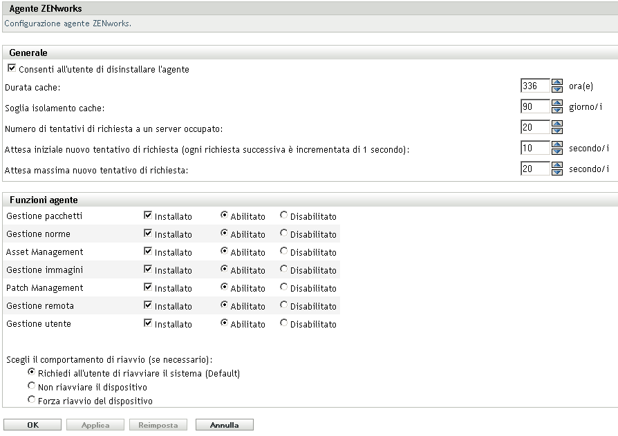 Pagina Agente ZENworks > riquadro Funzioni agente