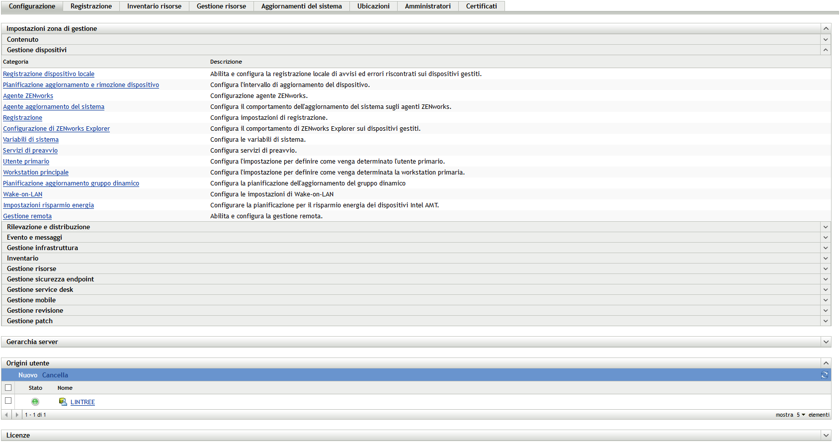 Scheda Configurazione > riquadro Gestione dispositivi