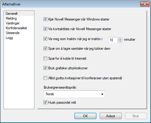 Dialogboksen Messenger-alternativer