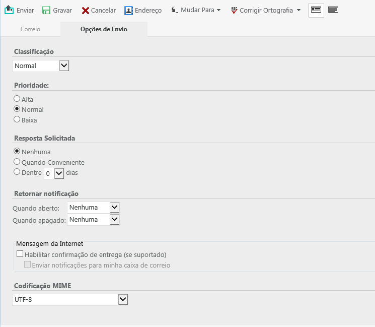 Opções de envio da tela de correio