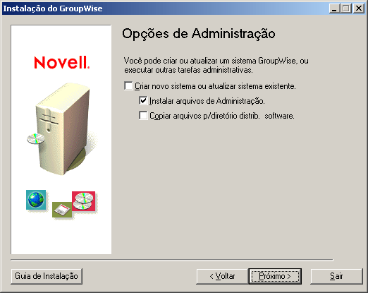 Página Opções de administração