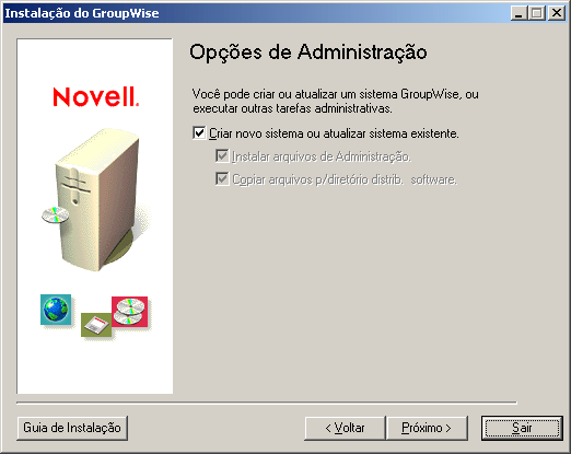 Página Opções de administração