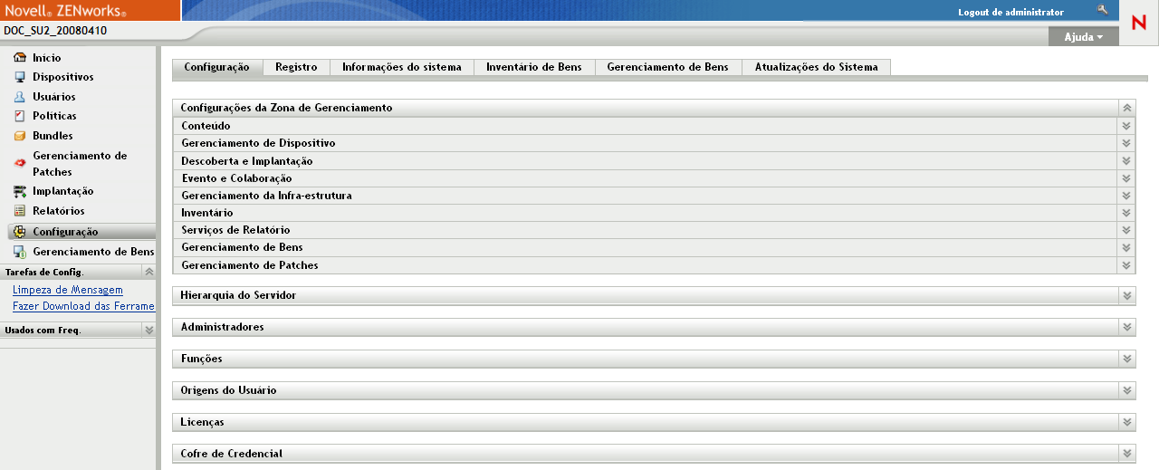 Painel Configurações da Zona de Gerenciamento