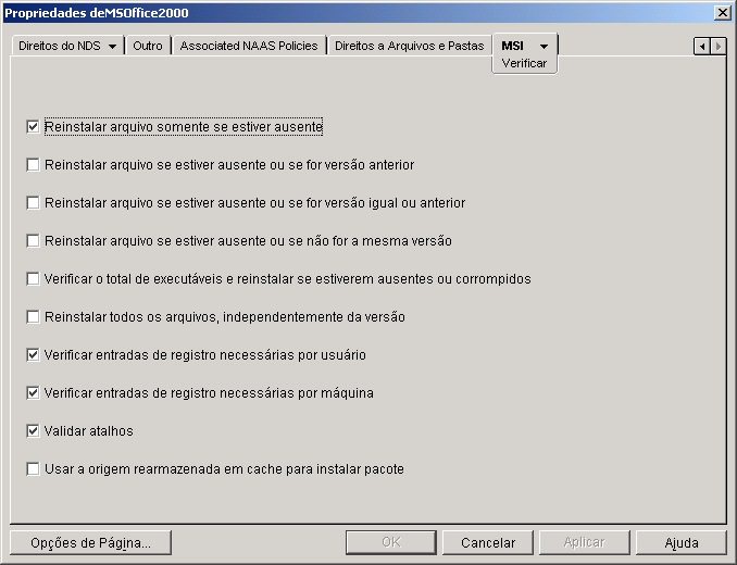 Objeto Aplicativo > guia MSI > pgina Verificar