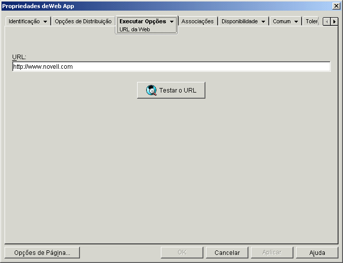 Objeto Aplicativo > guia Executar Opes > pgina URL da Web