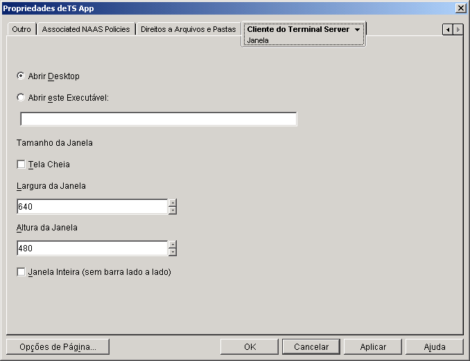 Objeto Aplicativo > guia Cliente do Terminal Server > pgina Janela
