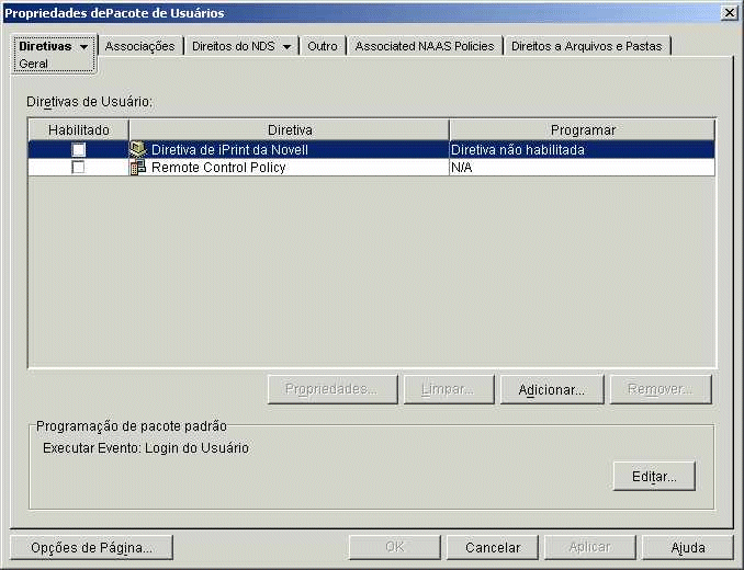 Pgina de diretivas gerais em um objeto Pacote de usurios