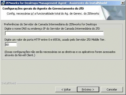 Pgina de configuraes gerais do programa de instalao do Agente de Gerenciamento do ZfD