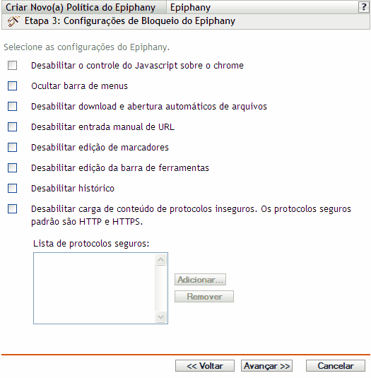 Página Definições de Configurações de Bloqueio do Epiphany