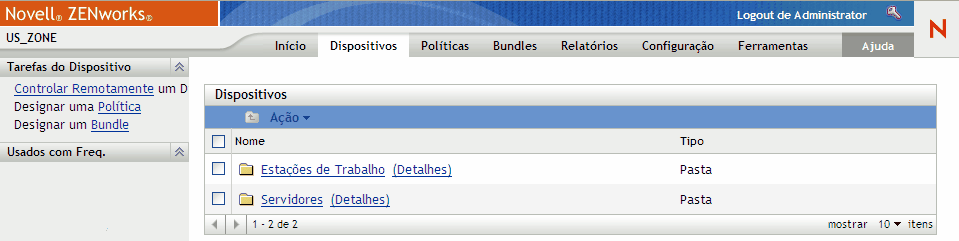 Página da guia Bundles do ZENworks Control Center