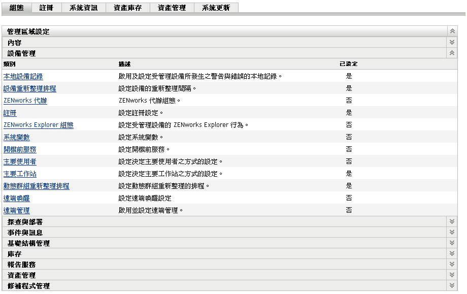 組態索引標籤 > 設備管理面板