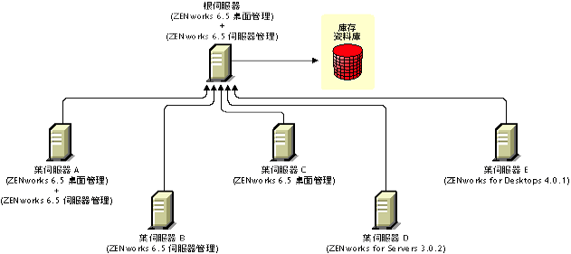 具有不同 ZENworks 版本的葉伺服器將庫存資訊上捲至具有 ZENworks 6.5 桌面管理與 ZENworks 6.5 伺服器管理的根伺服器。